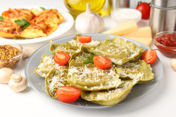 Delicious food concept with ravioli on white background