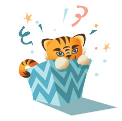 Cute tiger isolated on a white background sitting in a gift. 2022 mascot. Can be used for t-shirt, greeting card, invitation card or mascot, banners, web, packaging, ads, cards etc. Vector.