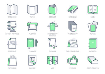 Printing house line icons. Vector illustration include icon - large format, brochure, booklet, typography, guidebook, calendar outline pictogram for polygraphy. Green color, Editable Stroke