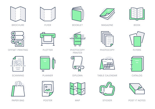 Printing house line icons. Vector illustration include icon - large format, brochure, booklet, typography, guidebook, calendar outline pictogram for polygraphy. Green color, Editable Stroke