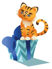 Cute tiger with a gift. 2022 mascot. Isolated on a white background. Can be used for t-shirt, greeting card, invitation card or mascot, banners, web, packaging, ads, cards etc. Vector.