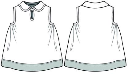Girls Peter Pan Collar Sleeveless Top, Peter Pan Collar Frock Front and Back View. Fashion Illustration, Vector, CAD, Technical Drawing, Flat Drawing.