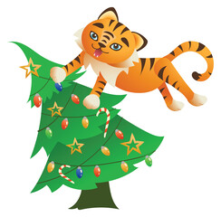 Cute jumping tiger with christmas tree. 2022 mascot. Isolated on a white background. Can be used for t-shirt, greeting card, invitation card or mascot, banners, web, packaging, ads, cards etc. Vector