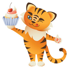 Cute tiger with cake. 2022 New Year mascot. Animal cartoon concept isolated. Can used for t-shirt, greeting card, invitation card or mascot, banners, web, packaging, ads, cards etc. Vector.