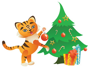 Vector flat cartoon illustration of 2022 new year and merry Christmas mascot tiger funny character at decorated xmas fir tree and presents isolated. For banners, web, packaging, ads, cards etc.