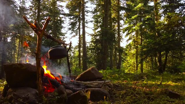 Boiling teapot hanging over open. Bush craft camping in the woods