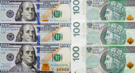 Conceptual image of banknotes of the Republic of Poland and the USA. Currency exchange.