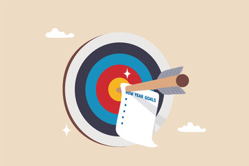 Set new year goals, target or resolution at the beginning of the year, determination or inspiration to improve and success concept, archer arrow with paper writing new year goals on bullseye target.