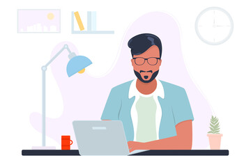Vector poster with a man and a laptop. Office worker. Flat design.