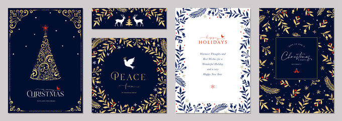 Luxury Corporate Holiday cards with Christmas tree, reindeers, Dove, birds, ornate floral frames, background and copy space. Universal artistic templates. - obrazy, fototapety, plakaty