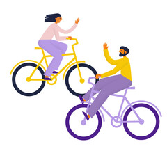 Young couple riding bicycles. Friends man and woman on bikes greeting each other waving. Flat vector illustration