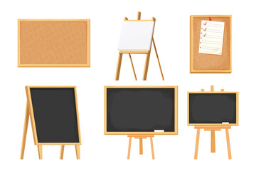 Set chalkboard, blackboard, easel, cork board on tripod in cartoon style isolated on white background. Collection presentation empty frames, mock up.