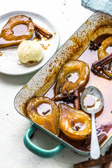 Sweet Ripe Pears Baked in Caramel. Hot Autumn Dessert