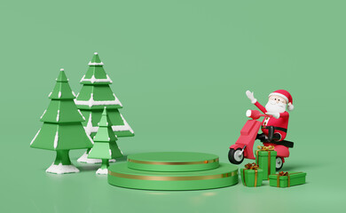 Santa claus with scooter,gift box,christmas tree,cylinder stage podium,space isolated on green background.website,poster or Happiness cards,festive New Year concept,3d illustration or 3d render