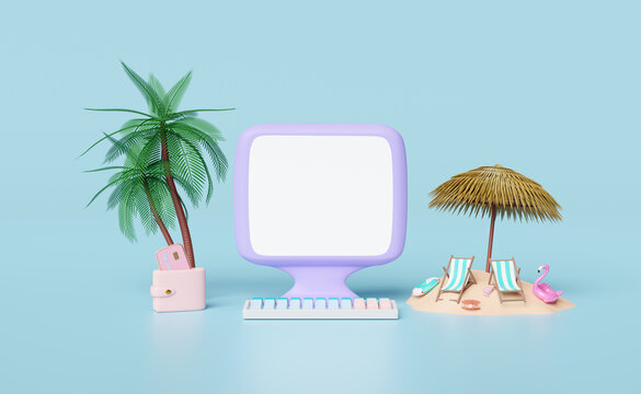 laptop computer monitor with beach chair,palm leaf,umbrella,lifebuoy,wallet, credit card,shellfish isolated on blue background.online shopping summer sale concept, 3d illustration or 3d render