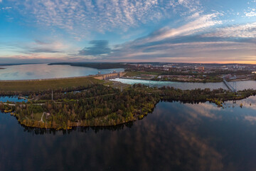 Aerial view of the dam of the hydroelectric power station and the Irkutsk reservoir on the Anagara river