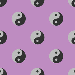 Seamless pattern. Image of Yin Yang symbol on pastel purple purple backgrounds. Symbol of opposite. Surface overlay pattern. 3D image. 3D rendering.