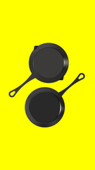 nearby are pot with handle and frying pan. top view of kitchen appliances. Dishes on yellow background. Vertical image. 3D image. 3D rendering.