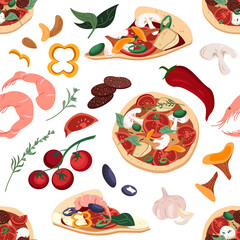 Fototapeta premium Endless Pattern for pizzeria Menu with Pizza , ingredients on White background.Template for Italian food restaurants or cafes.Vector Flat illustration of advertisement Pizza ingredients,Italian snack