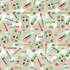 Vector seamless background with paints brushes and pencils and blots. A background about art and creativity in muted pastel colors. Children's repeating ornament for printing on fabrics and paper