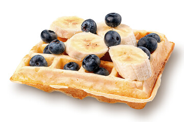 French waffles with blueberries and bananas isolated on white