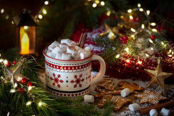 A cup of hot chocolate with marshmallows and gingerbread on a festive background. Christmas mug with a pattern, cocoa, tree and decorations. Christmas drink.