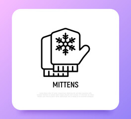 Mittens with snowflake thin line icon. Modern vector illustration of winter accessories.