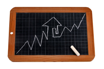 Concept d'augmentation du prix des loyers avec un dessin de maison et un graphique sur une ardoise d'école