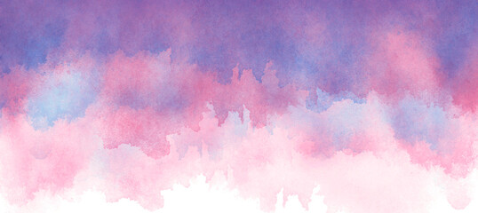 Watercolor purple, pink  background, blot, blob, splash of purple, pink  paint. Watercolor spot, abstraction. Abstract art illustration, scenic. Abstract sky, fog, cloud at sunset. Cover.Border, 