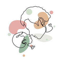 Vector abstract continuous one single simple line drawing icon of father face and newborn baby face in silhouette sketch. Perfect for greeting cards