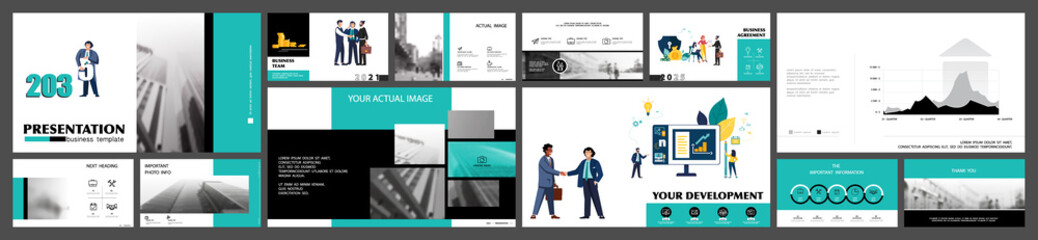 Business presentation powerpoint, infographic design template green, elements, white background. Start a business. A team of people creates a city business. Financial work in a team. Use of flyers