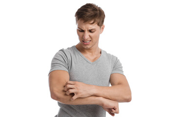 Obraz premium Despaired sad millennial caucasian male itching and suffering from allergies, isolated on white background