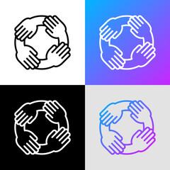 Collaboration thin line icon: four hands holding each other. Modern vector illustration of teamwork, support, partnership.