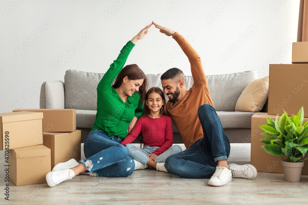 Sticker cheerful parents making symbolic roof of hands above happy daughter