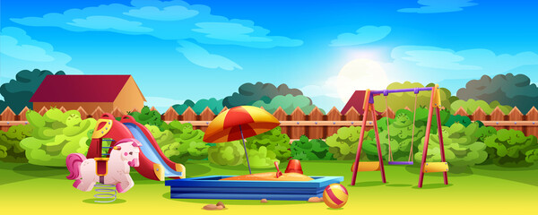 Kids playground in summer garden with swing, slide, sandbox. Play area in backyard with green lawn, sandpit, seesaw, slider and pink rocking horse. Vector cartoon illustration activities for children.