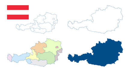 Austria map. Set of vector maps. Detailed blue outline and silhouette. Administrative divisions and states. Country flag. All isolated on white background. Template for design and infographics.