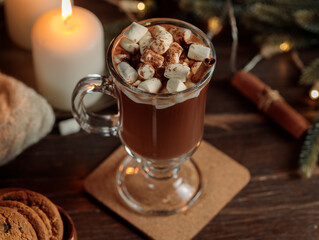 Hot chocolate with marshmallows on a dark wooden background, with burning candles, a blanket and a garland. Close-up