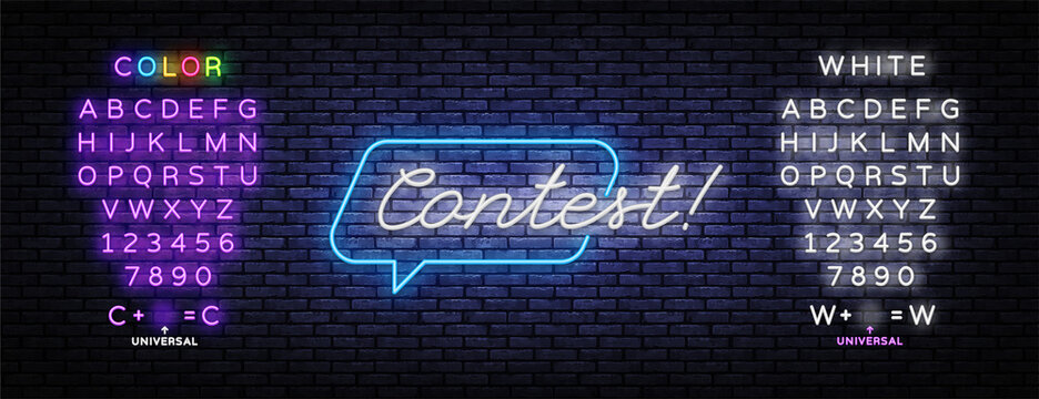 Contest neon sign vector design template. Retro card with contest on light background. Retro design banner. Vector concept. Business icon. Vector illustration. Winner award. Editing text neon sign