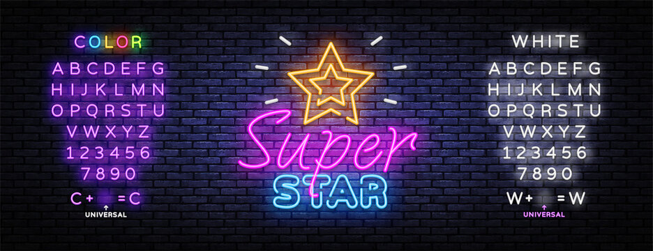 Pop art banner with super star neon on light background. Vector illustration design. Symbol, logo illustration. Super star neon on light background. Editing text neon sign
