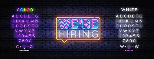 Were Hiring neon sign vector. Were hiring, great design for any purposes. Design template neon text, light banner, nightly bright advertising, light inscription. Editing text neon sign