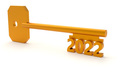 Concept key with new year 2022 isolated on white