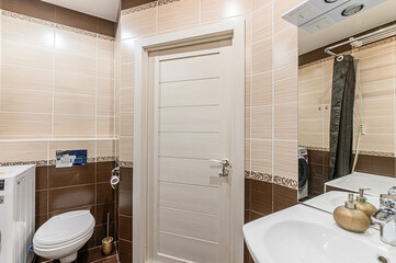 Russia, Moscow- May 05, 2020: interior room apartment modern bright cozy atmosphere. general cleaning, home decoration, bathroom, sink, decor elements, toilet