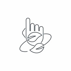 Obraz premium Hand pointer surrounded by leaves. Choice of environmental preference. Vector linear icon isolated on white background.