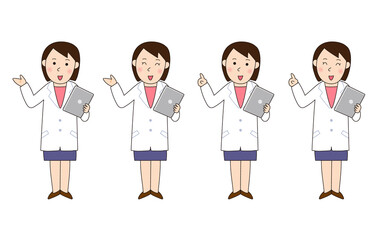 タブレットを持ちながら説明をする白衣を着た女性　4パターンのセット
