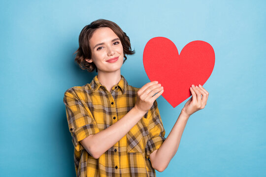 Photo of romantic affectionate lady hold red paper heart card wear plaid shirt isolated blue color background