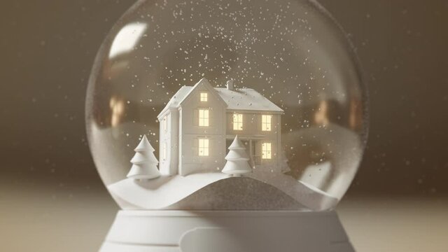 Winter landscape, country house with glowing light in windows, Christmas trees, falling snow inside glass snow globe. Dynamic snowflakes. Merry Christmas, New Year mood. Traditional souvenir 3D Render