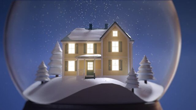 Winter composition concept. Country house, glowing light in windows, Christmas pine trees, snow on ground. Merry Christmas, New Year mood. Traditional festive seasonal souvenir 3D Render 4K animation