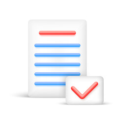 Document icon with check mark in 3d cartoon style. White paper sheet. Vector illustration.