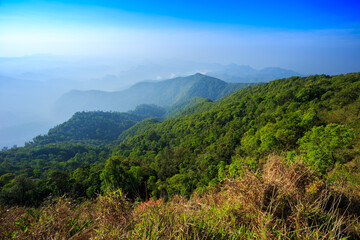 World environment day concept: Green mountains and beautiful blue sky clouds 