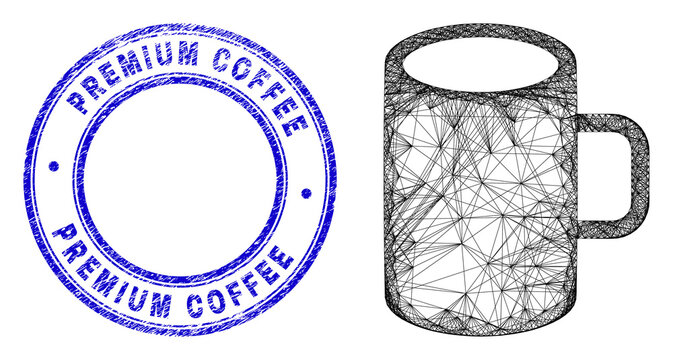 Hatched irregular mesh cup icon, and Premium Coffee Roasters dirty round watermark. Abstract lines form cup object. Blue stamp seal contains Premium Coffee Roasters text inside round form.